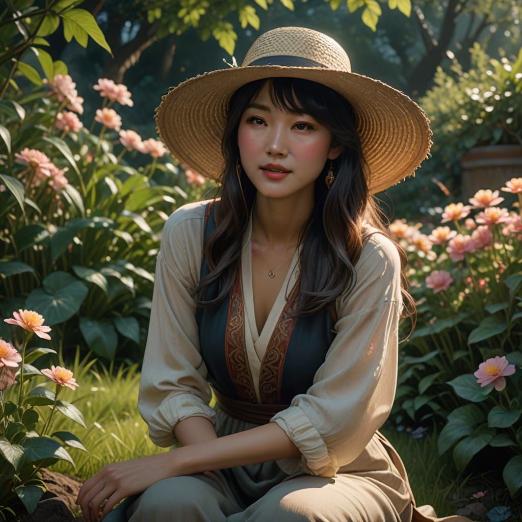 Elegant Korean Woman in a Garden