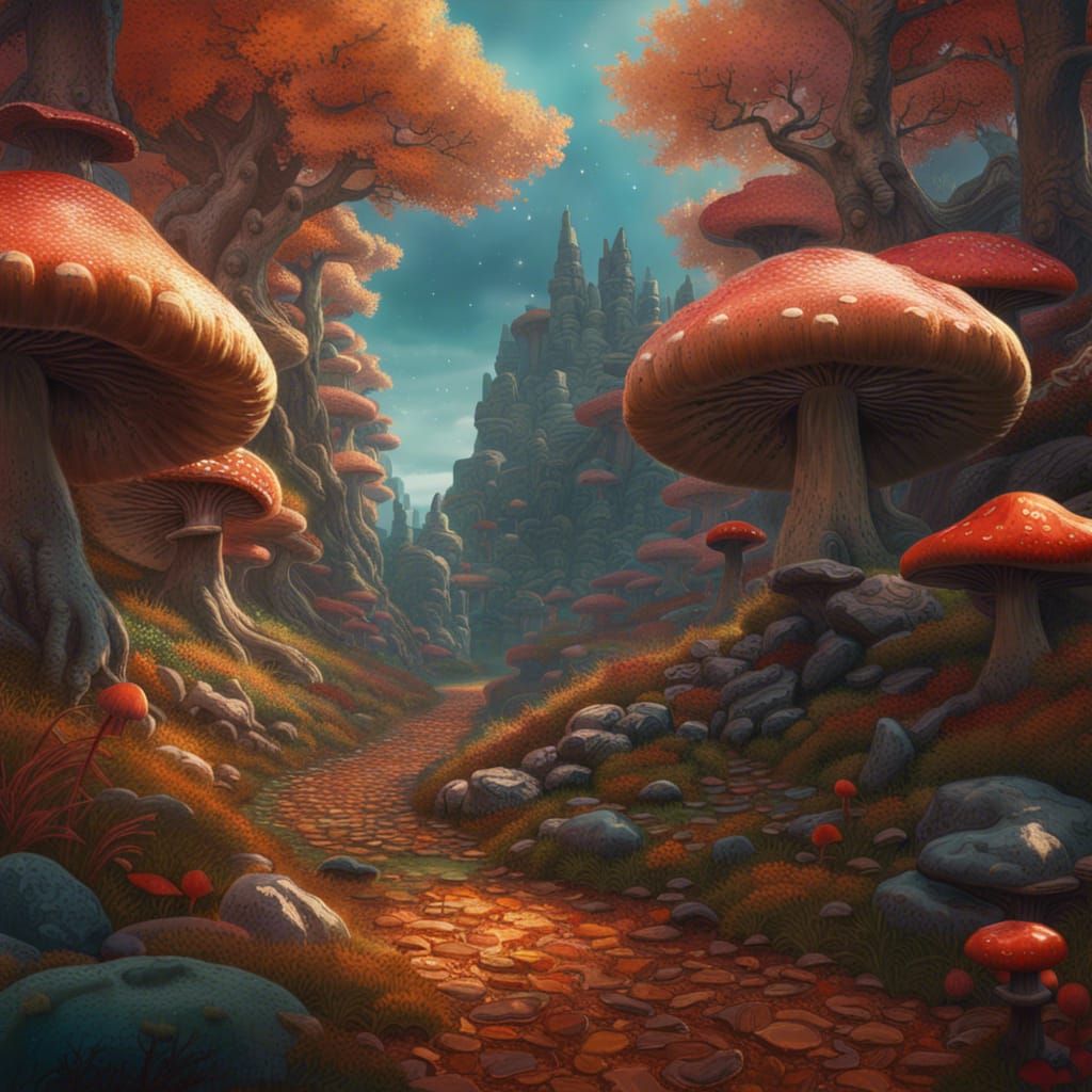 Neo-Impressionist Mushroom Forest Herbalist in Autumn