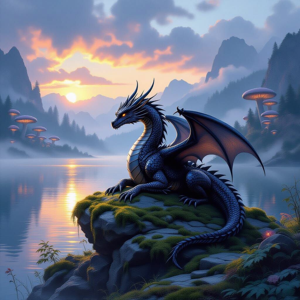 Obsidian Dragon Overlooking Bioluminescent Lake