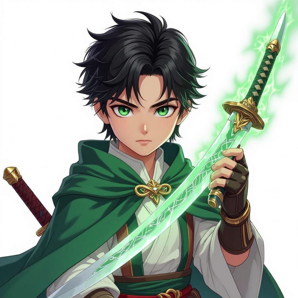 Young Warrior with Green Aura Sword, Detailed Art