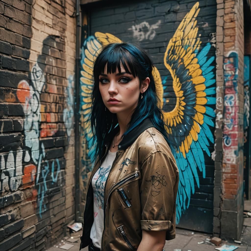 Punk Rock Angel in Gritty Urban Alleyway