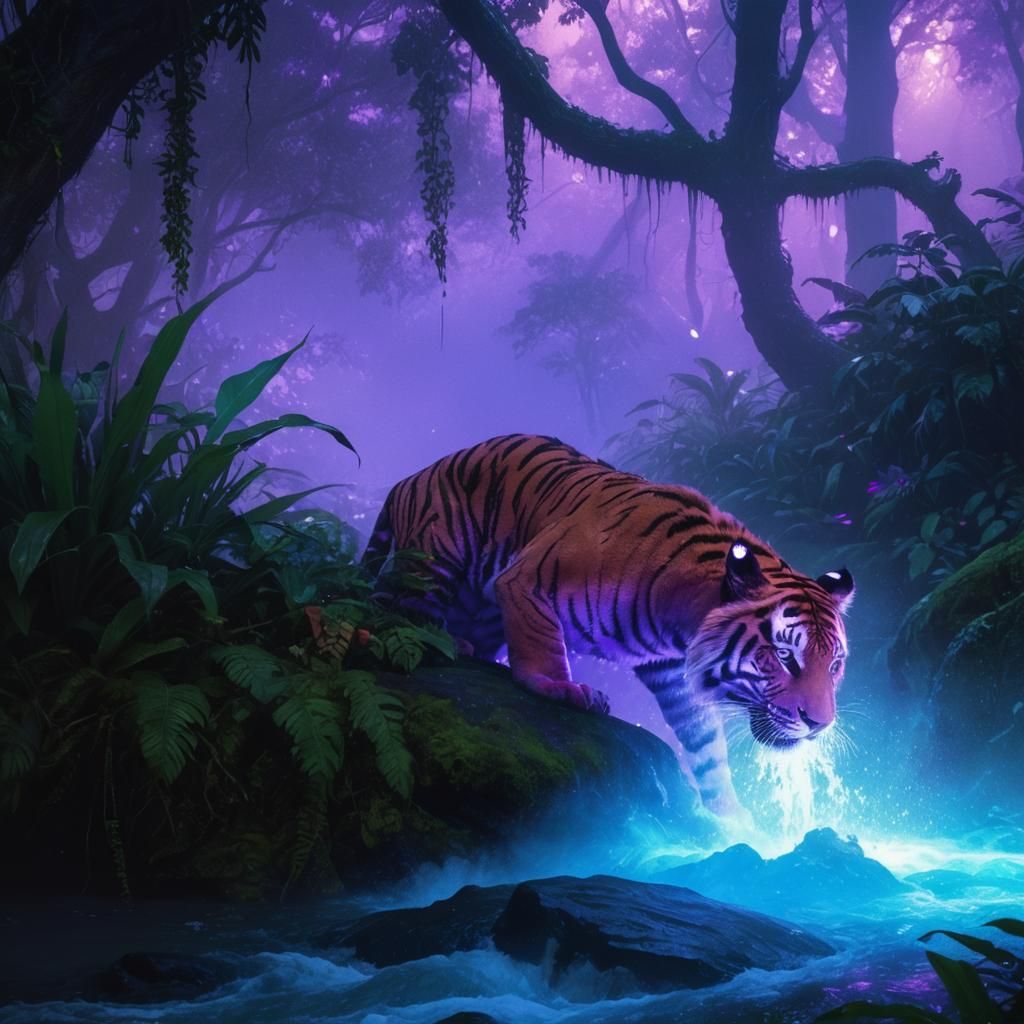 Purple Tiger in Glowing Jungle: Fantasy Concept Art