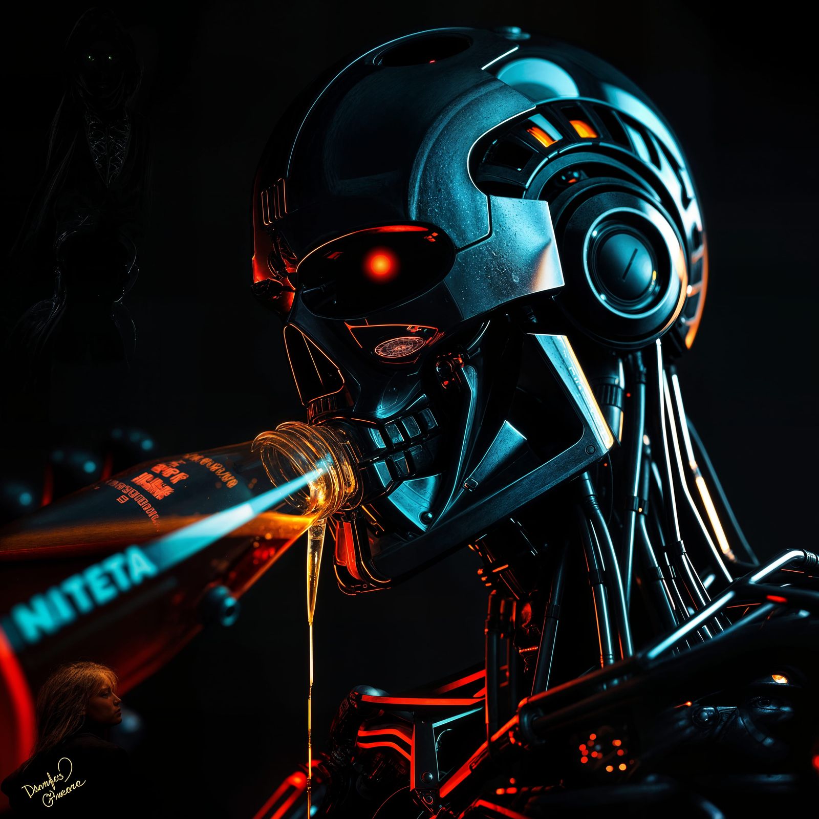 Cybernetic Terminator Drinks Amber Oil