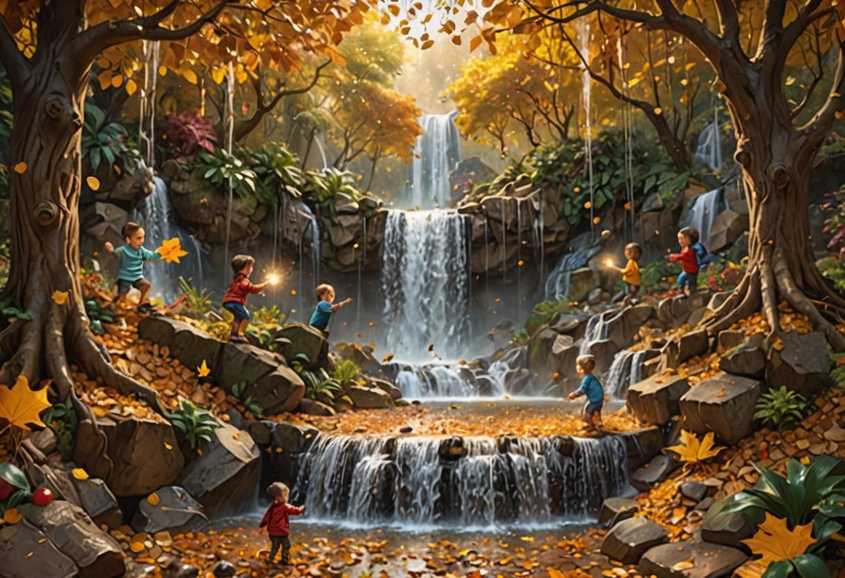 Magical Waterfall Garden with Golden Leaves