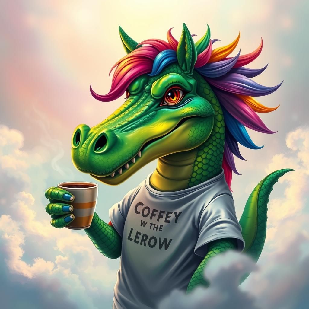 Rainbow Crocodile Horse Sipping Coffee