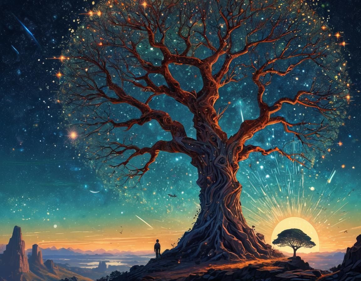 Epic Futurism with World Tree in Pointillism