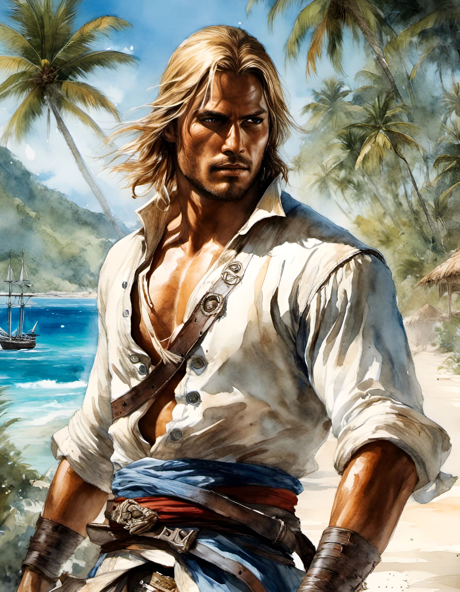Edward Kenway Portrait on Caribbean Beach in Watercolor Styl...