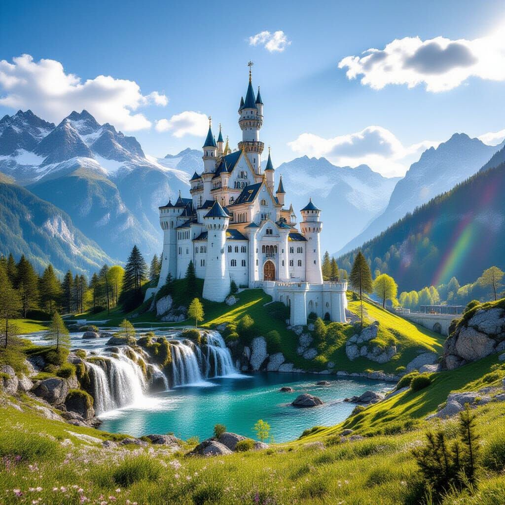 Majestic Snow-White Castle on Sunlit Mountain Ridge
