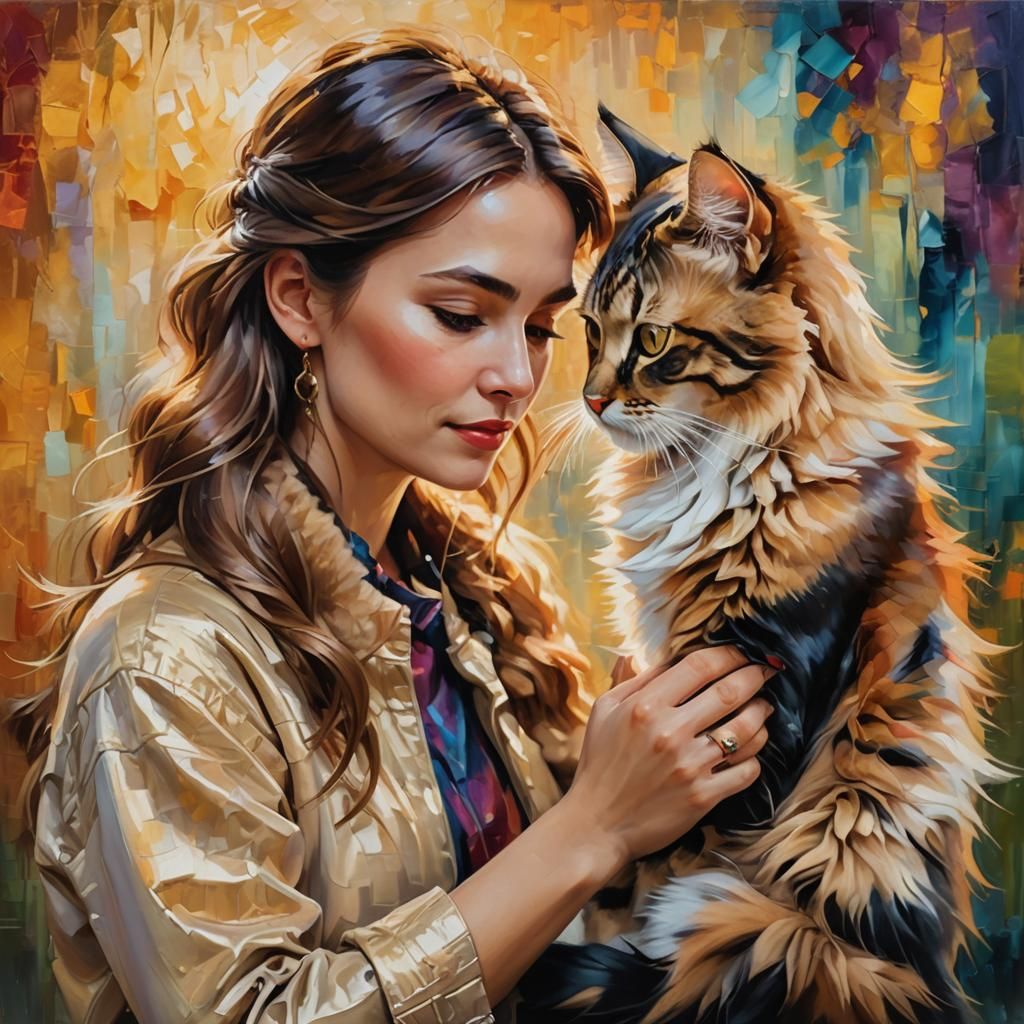 Elegant Woman Cares For Cat in Oil Painting