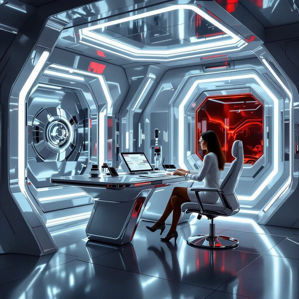Futuristic Woman at Desk with Metallic Textures