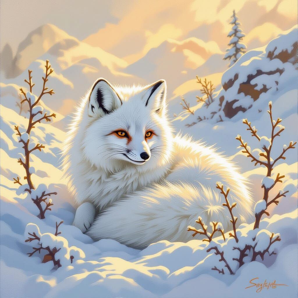 Arctic Fox in Tundra, Oil Painting