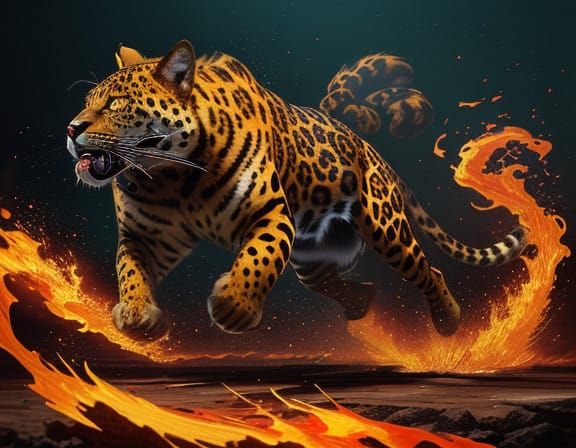 Golden Jaguar in Mid-Pounce, Radiating Power and Energy