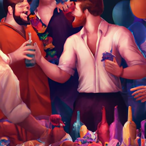 Cinematic Gay Men Party: Detailed Digital Painting