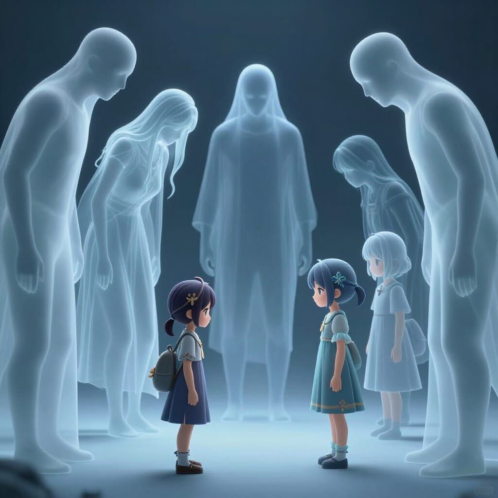 Ethereal Ghosts Reverently Bow to Family in 3D Anime Style