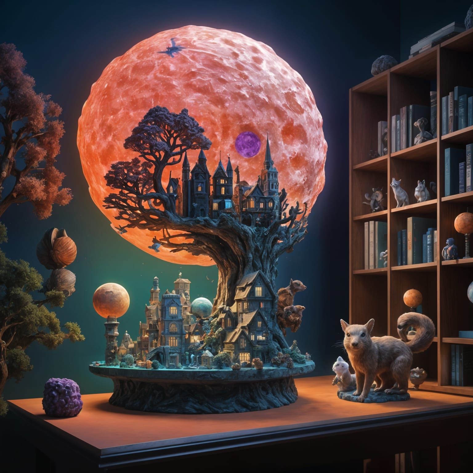 Bookshelf Still Life with Moon Lamp: Digital Art