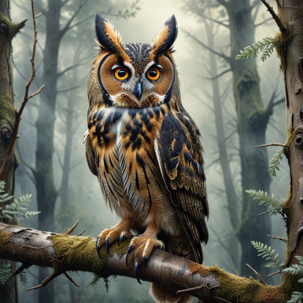 Long-Eared Owl in Detailed Watercolour Painting