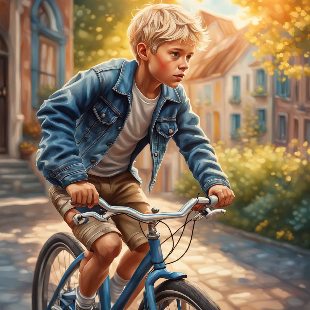 Boy on Bicycle: Hyperrealistic Summer Day Scene