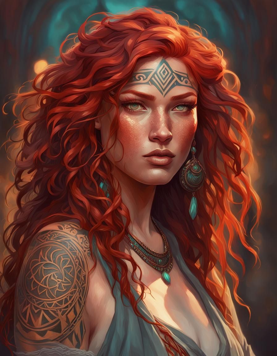 Red-Haired Woman Portrait with Tribal Tattoo, Detailed Digit...
