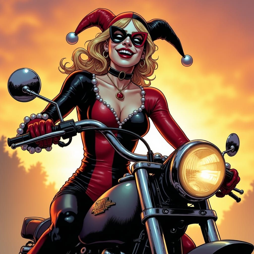 Harley Quinn Rides at Sunset: Comic Book Style