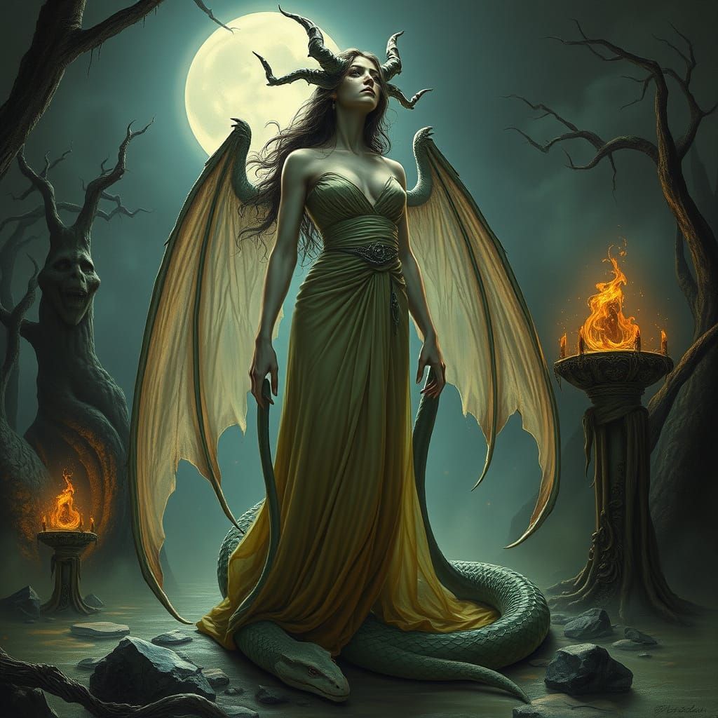 Mythical Lamia in Dreamlike, Eerie Artwork