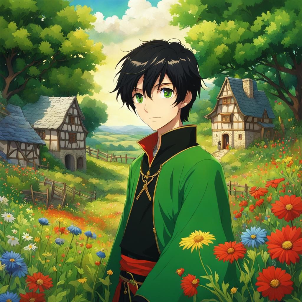 Medieval Anime Boy in Wildflower Field