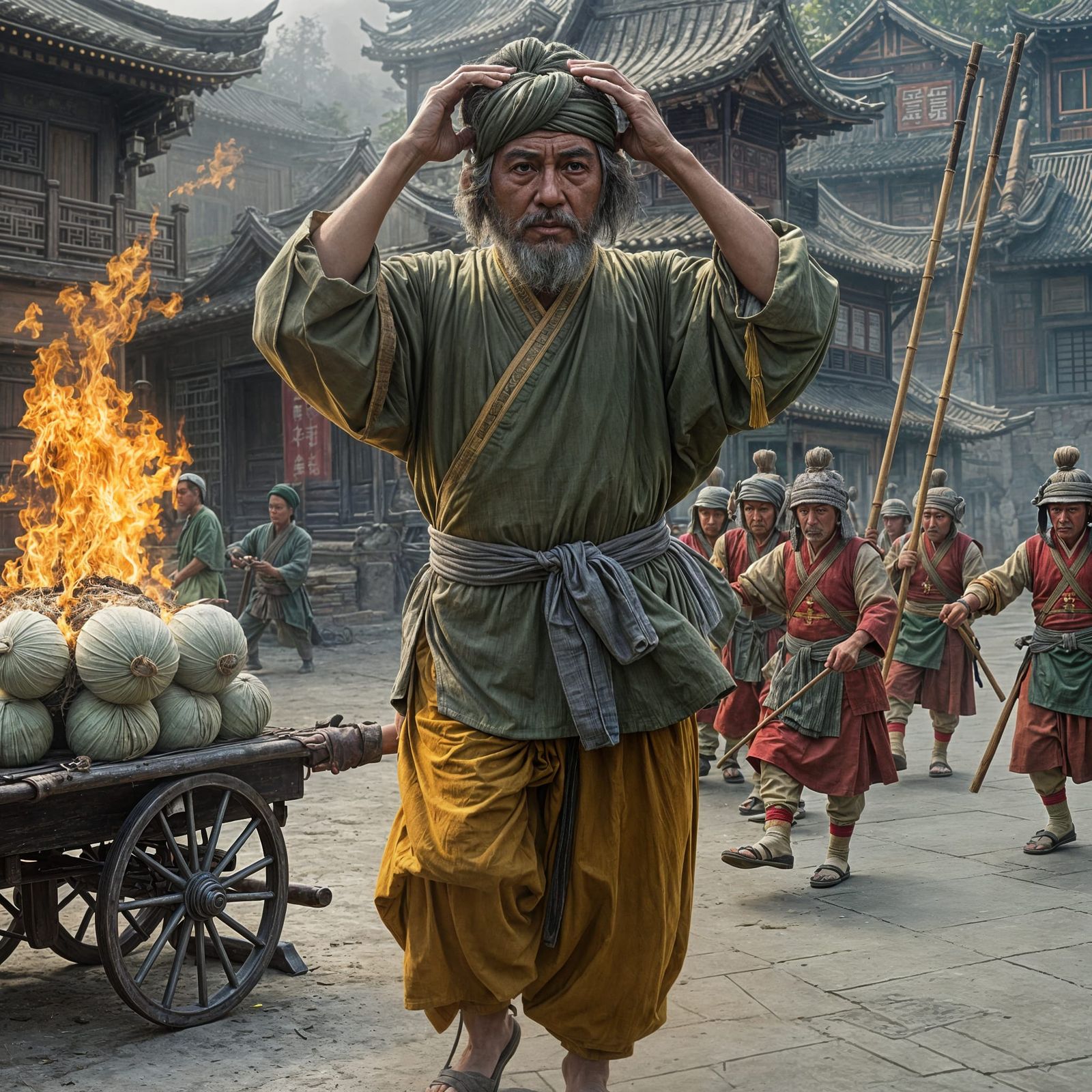 Old Asian Man by Burning Cart, Photorealistic Rendering