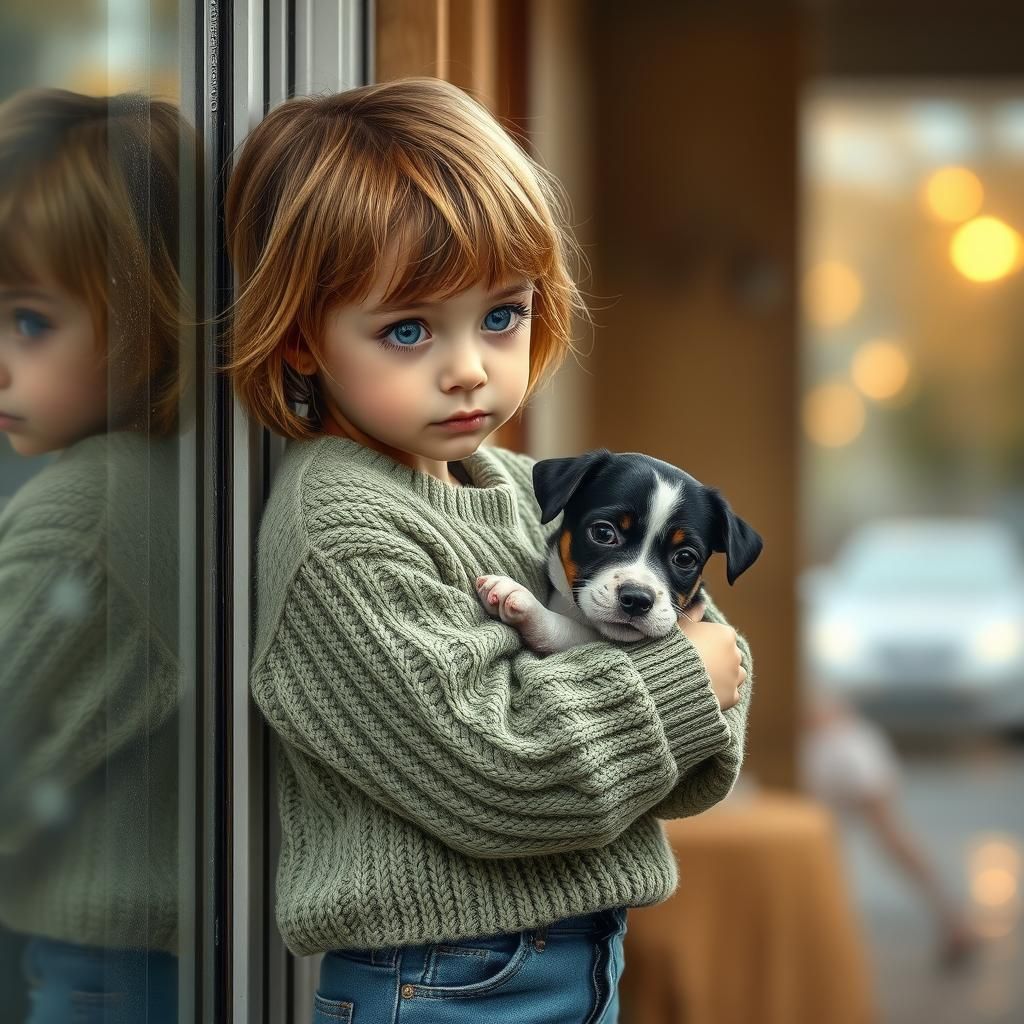 Girl with Puppy in Autumnal Airbrushed Oil Painting
