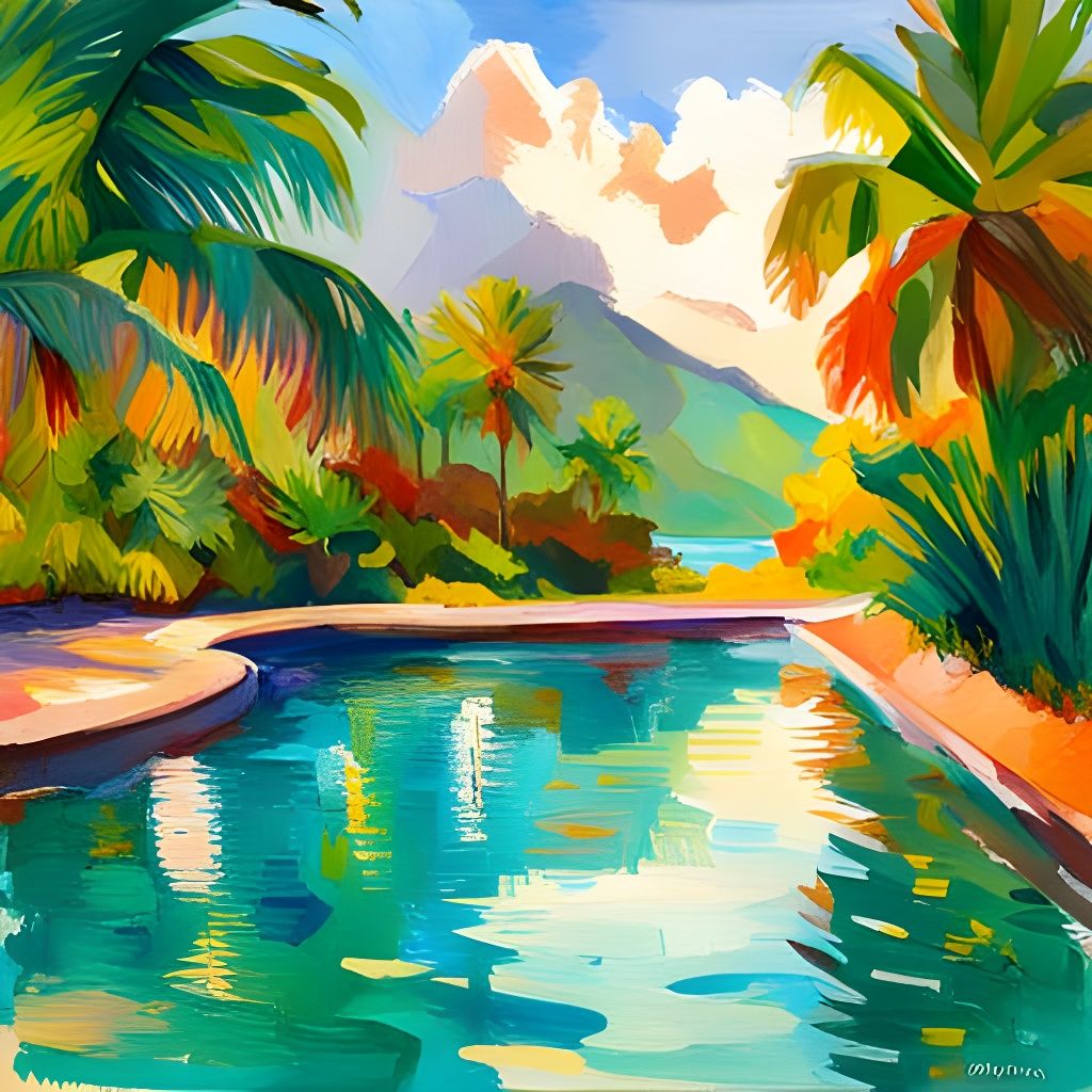 Hawaiian Pool Scene in Gouache Watercolor Style