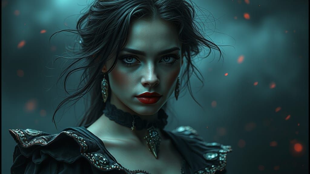 Gothic Woman with Dramatic Makeup and Flowing Garments