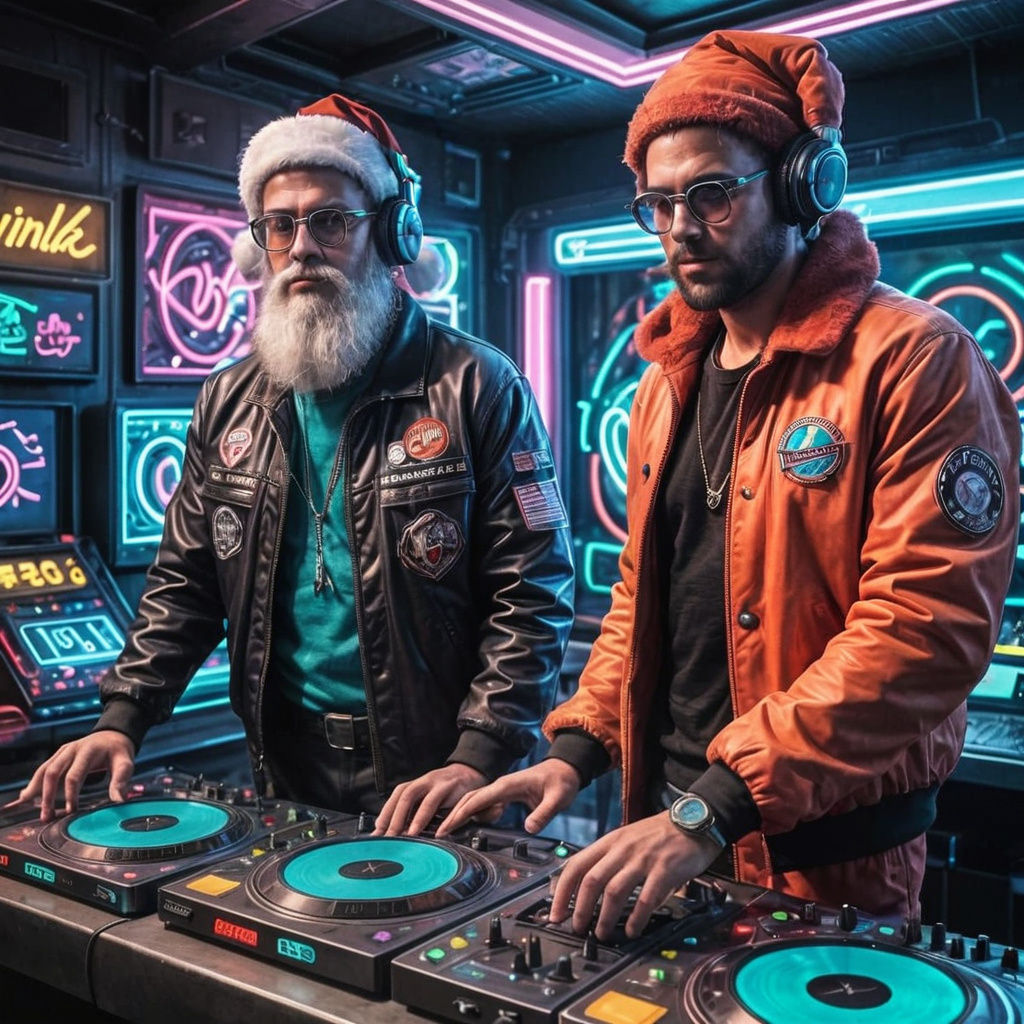 DJ Santa Claus spins tunes in a Neon Cosmic Party
