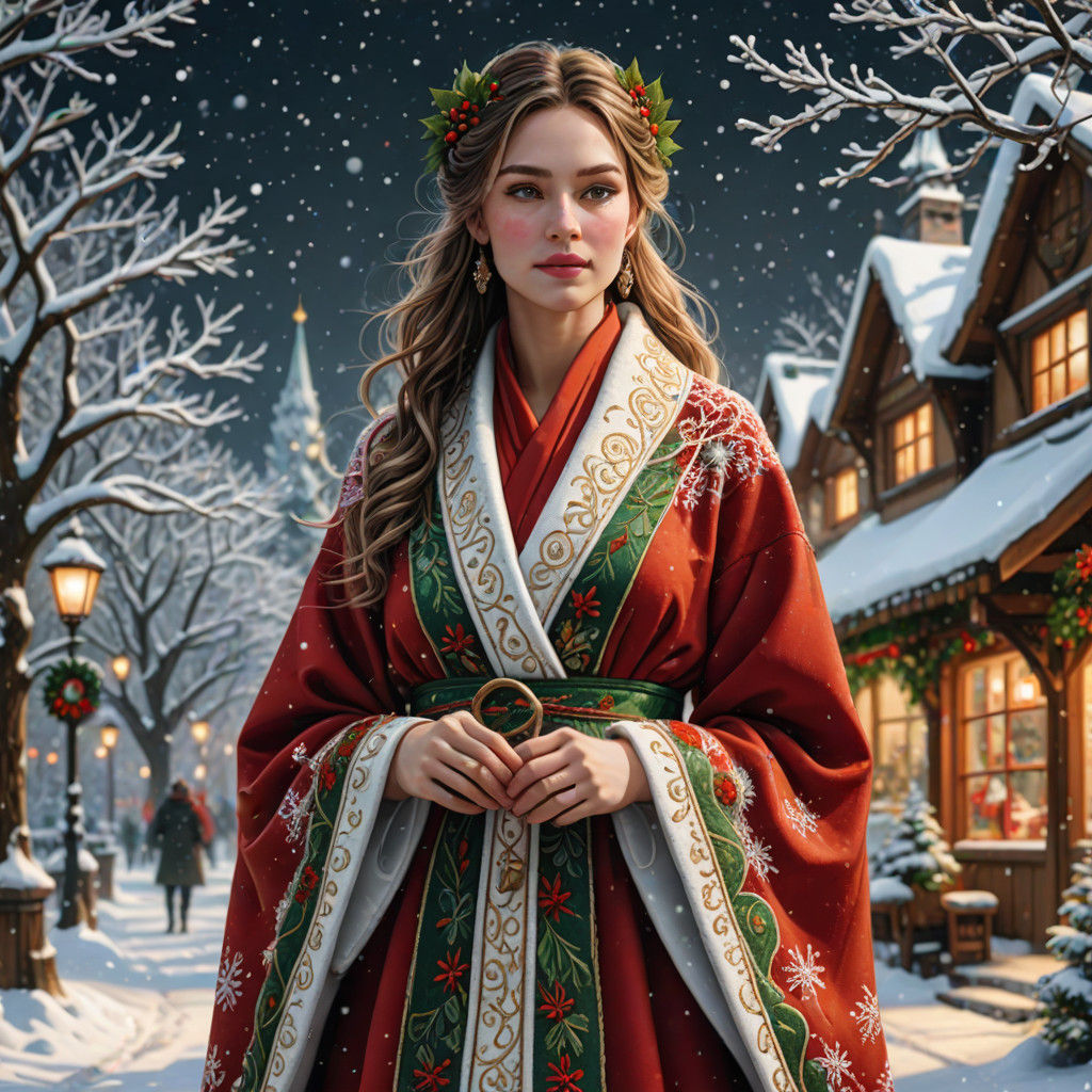 Christmas Girl in Festive Robe Illuminates Winter Wonderland