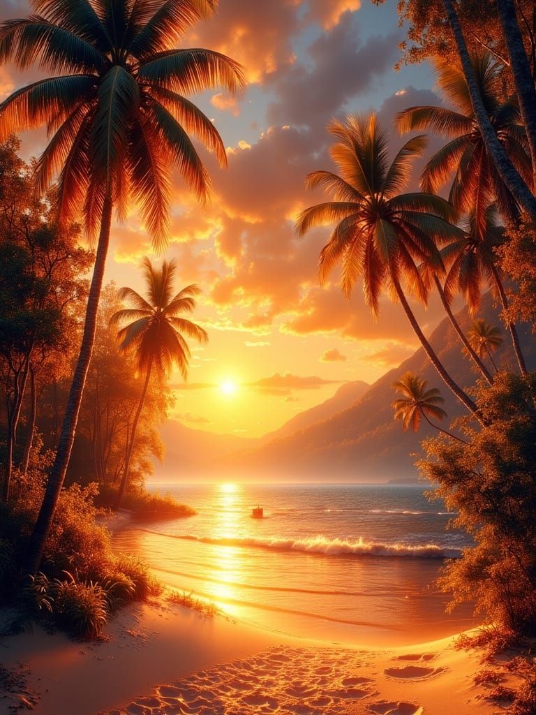 Tropical Beach Sunset with Palm Trees and Bar