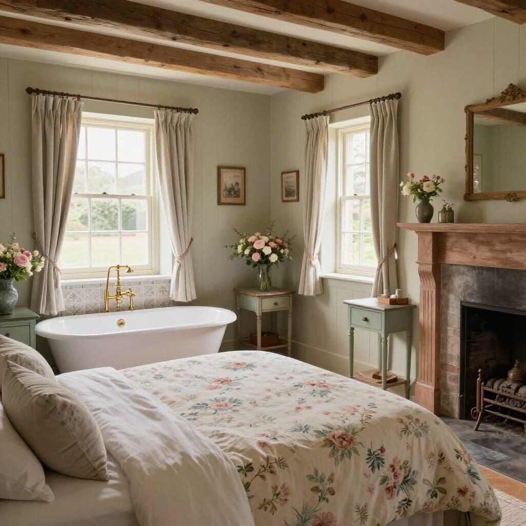 Cozy English Cottage Master Suite with Pastel Palette