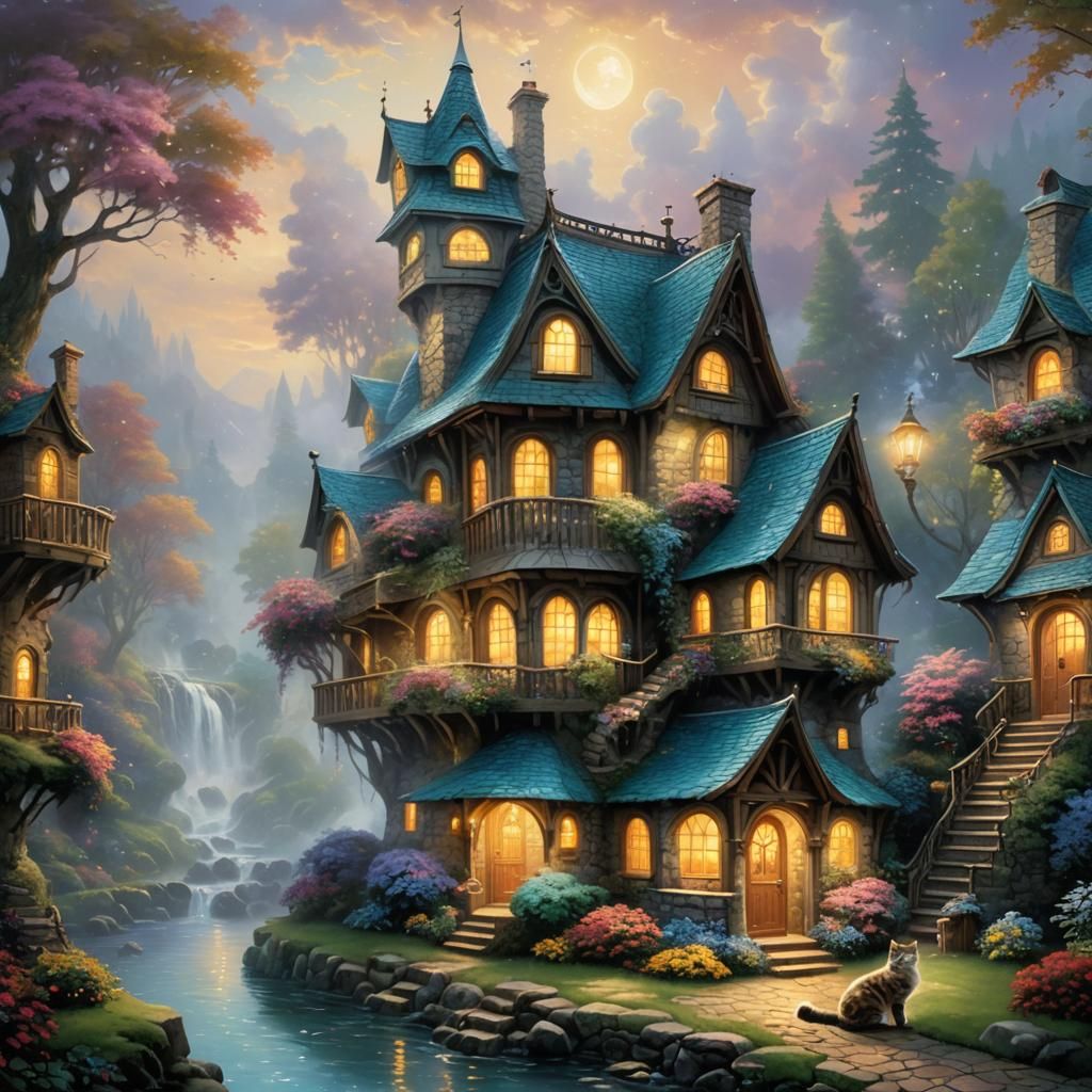 Ethereal Fantasy Cat House in Kinkade Style