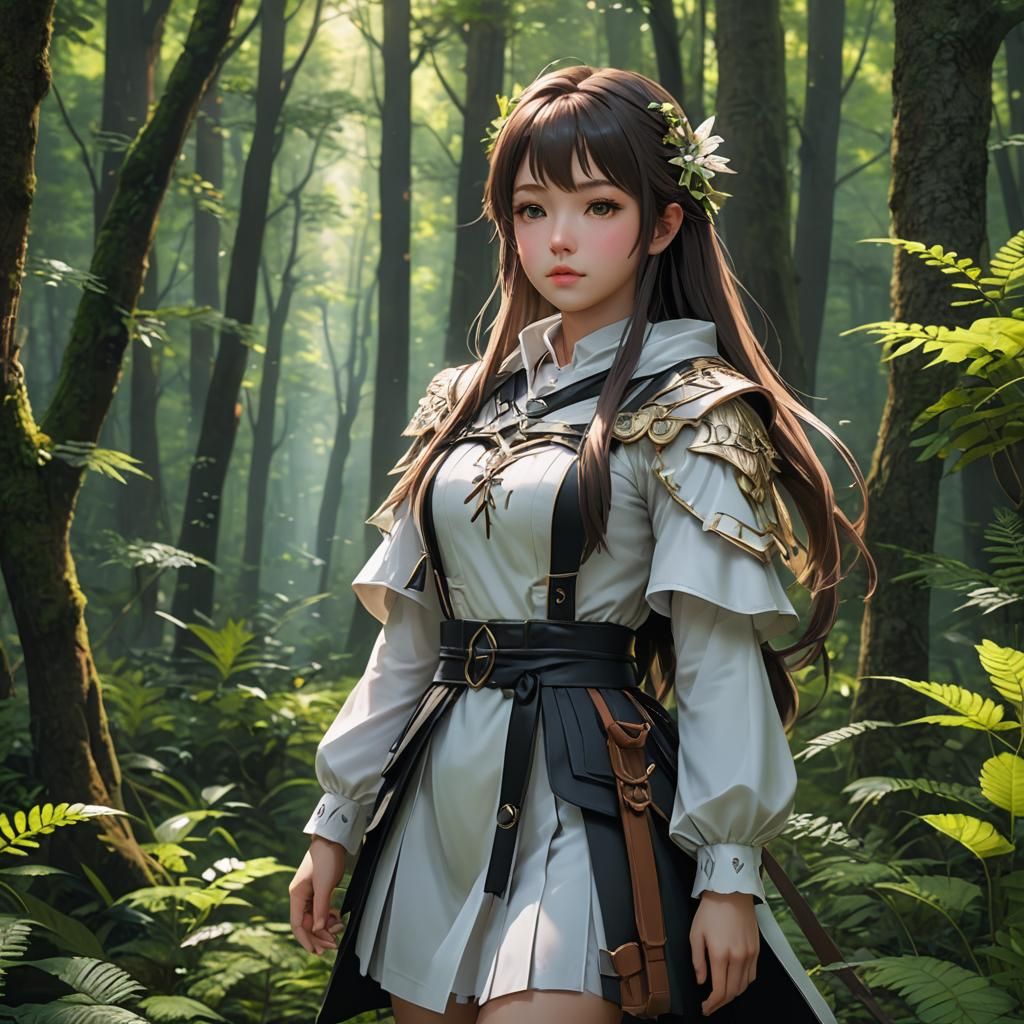 Anime Woman in Forest: Detailed 3D Art