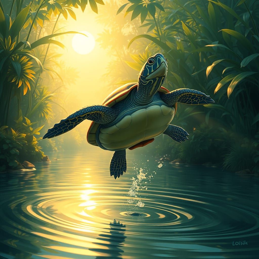 Acrobatic River Turtle in a Digital Painting Style