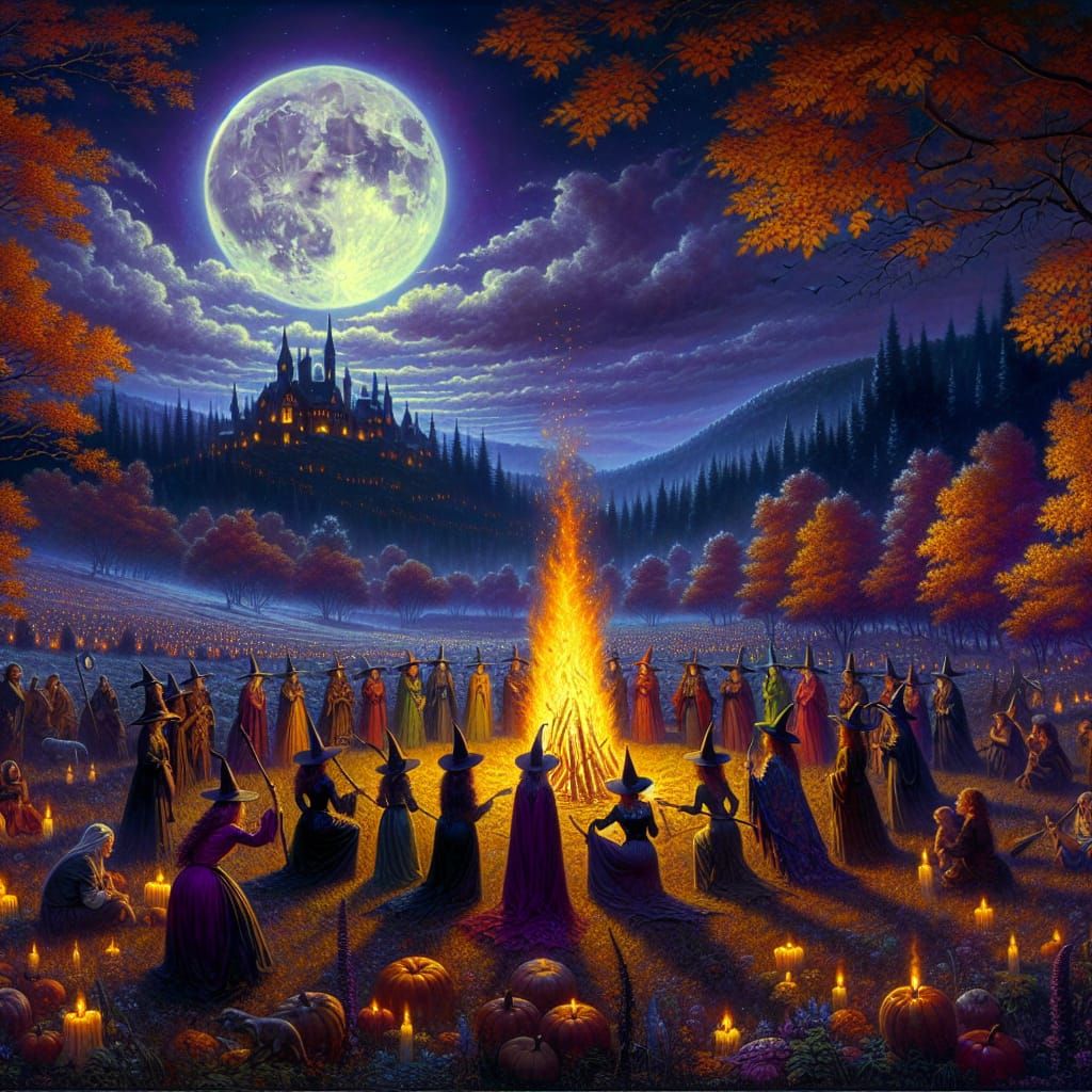 Witches' Samhain Celebration Under Full Moon, Art Nouveau