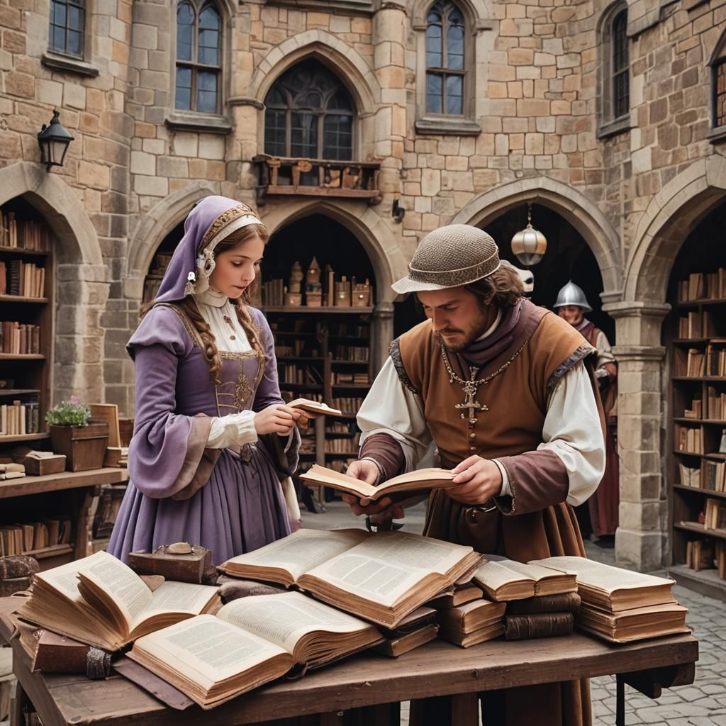 Medieval Bookstore Scene with Castle View