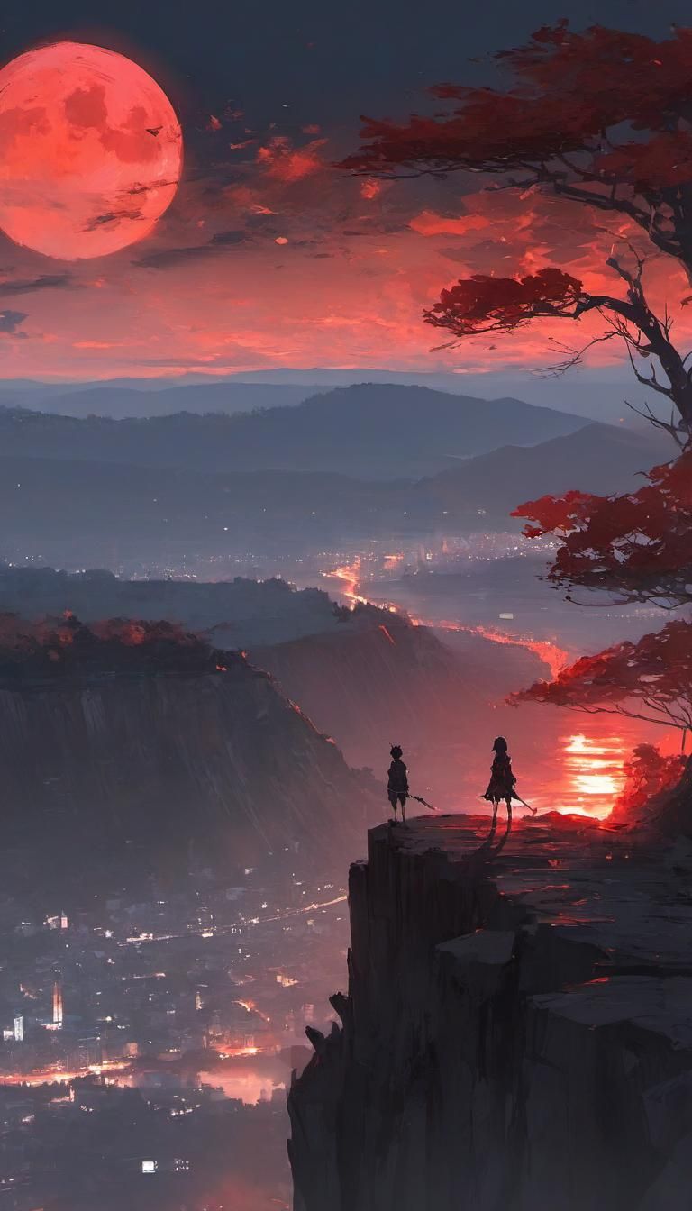 Blood Moon Over Burning City in Anime Style