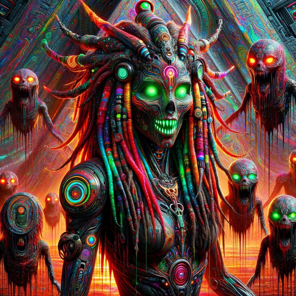 Vibrant Psychedelic Scene with Futuristic Witch and Egyptian...