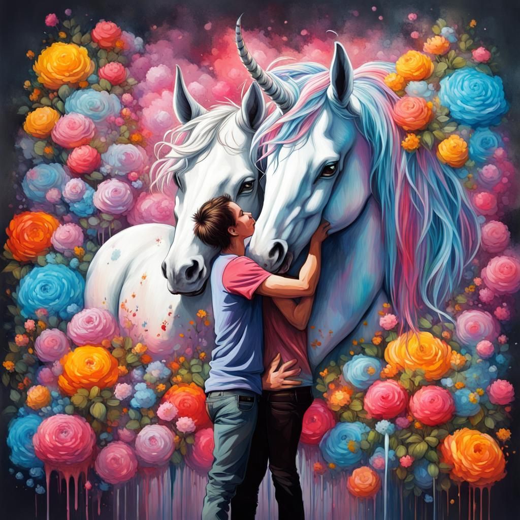Unicorn's Affection: A Graffiti Art Embrace