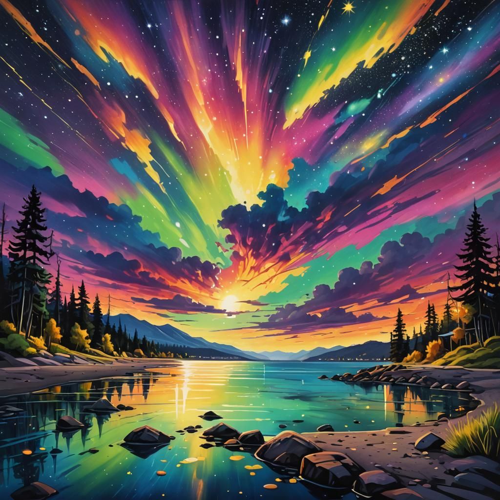 Epic Sunset Beach with Aurora in Graffiti Art Style