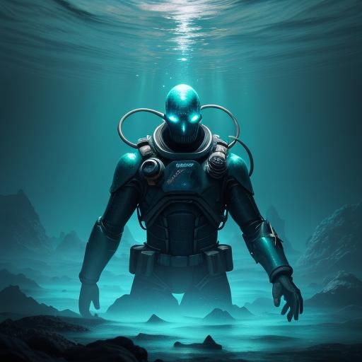 Diver in Bioluminescent Lake: Surreal Oil Painting