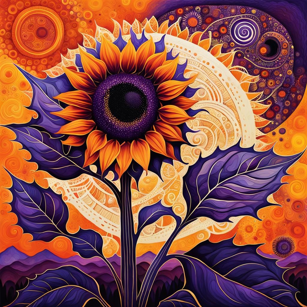 Purple Sunflower Eclipse in Monotype Art Style