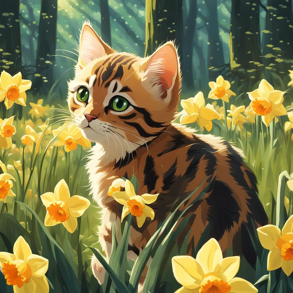 Bengal Kitten and Daffodil: Studio Ghibli Anime