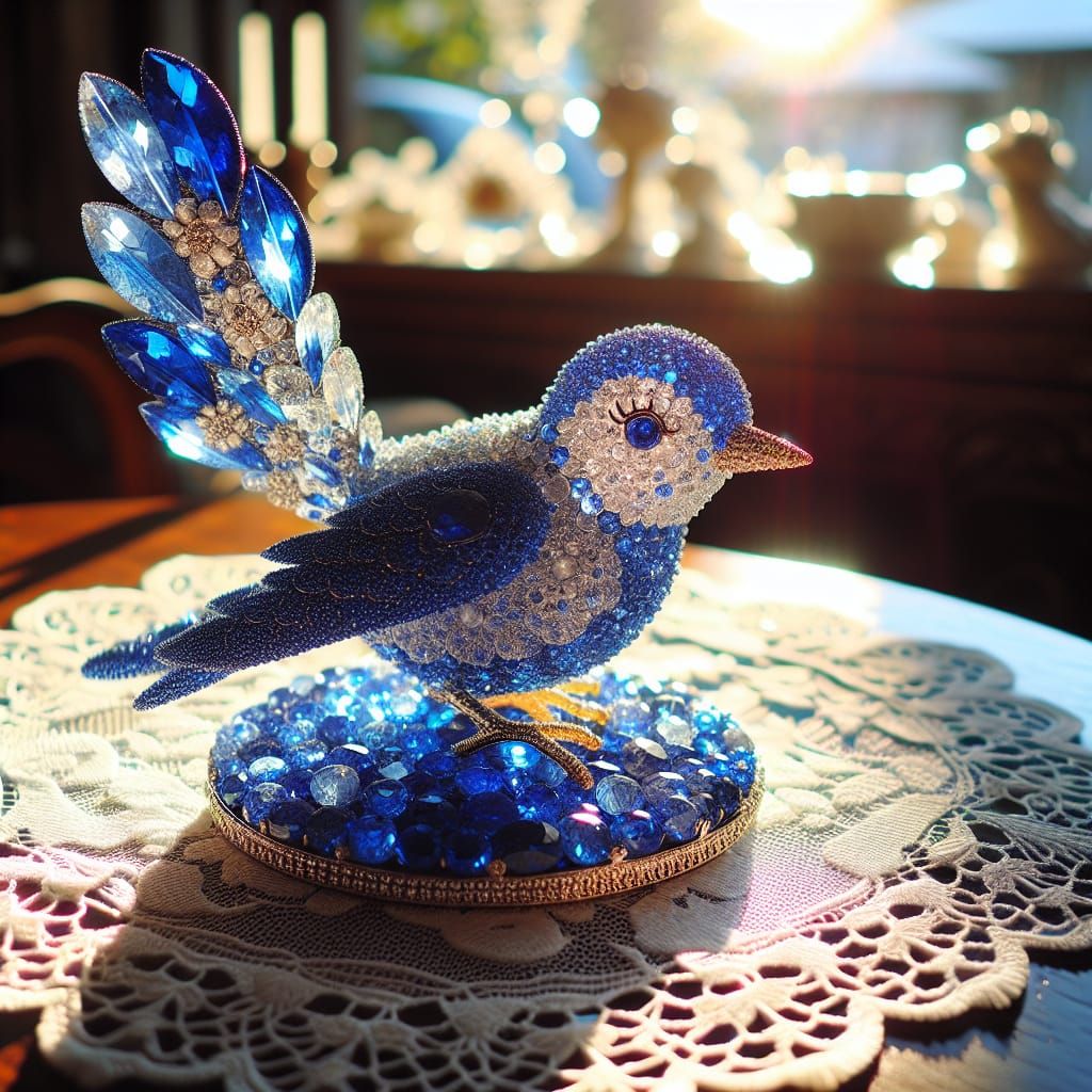 Sapphire Bluebird on Lace Shimmers in Sunlight