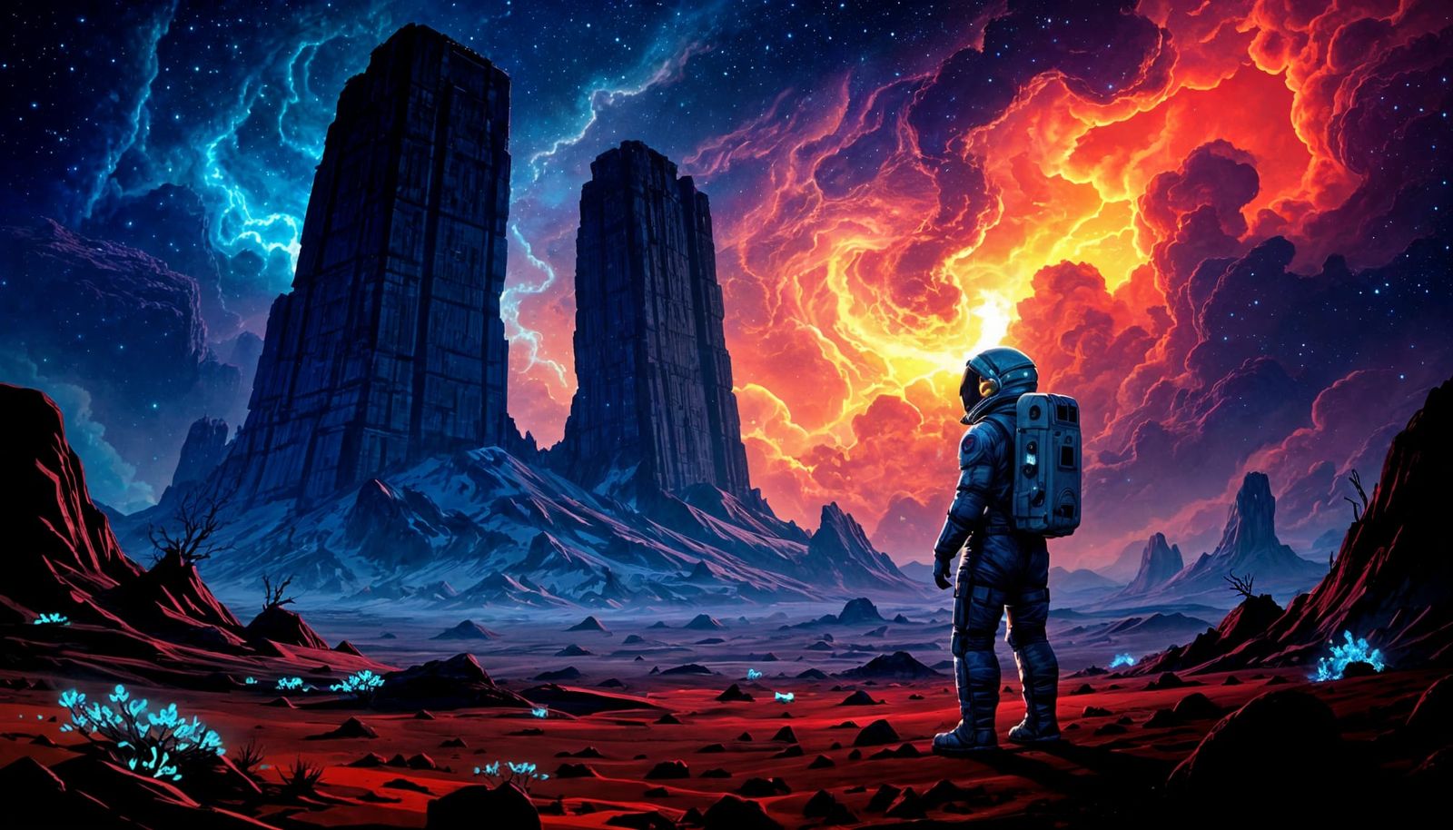 Astronaut on Alien Planet with Ancient Ruins and Nebulae