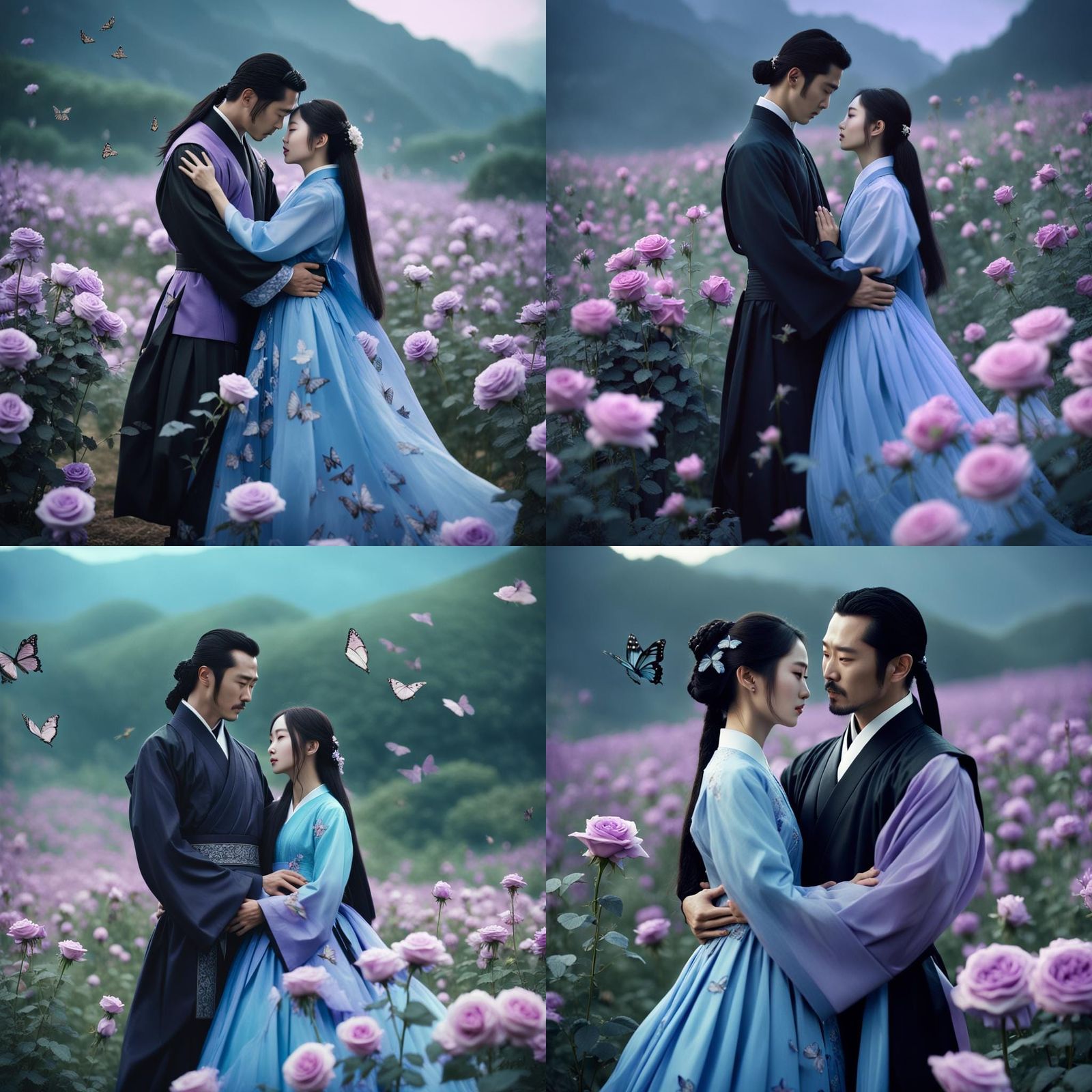 Korean Drama Scene with Couple in Rose Field