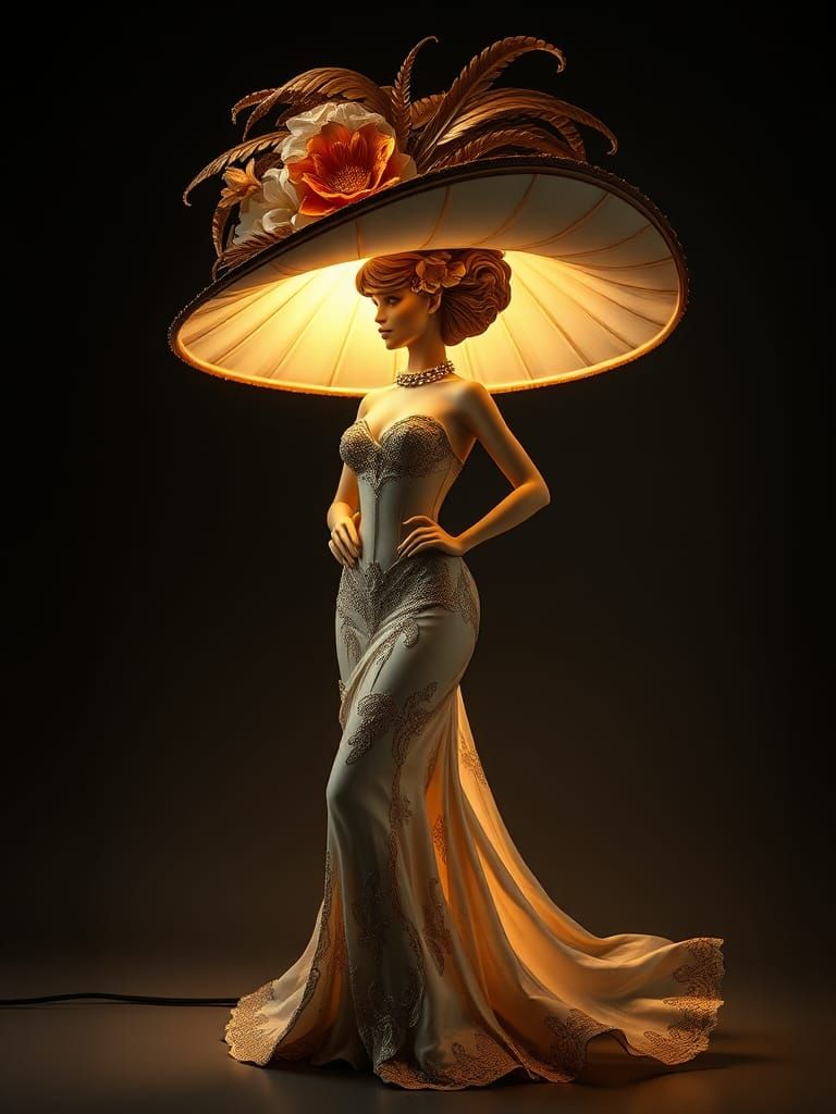 Edwardian Woman Lamp Sculpture in Art Nouveau Style