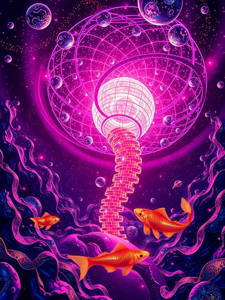 Futuristic Bioluminescent Tornado with Golden Koi